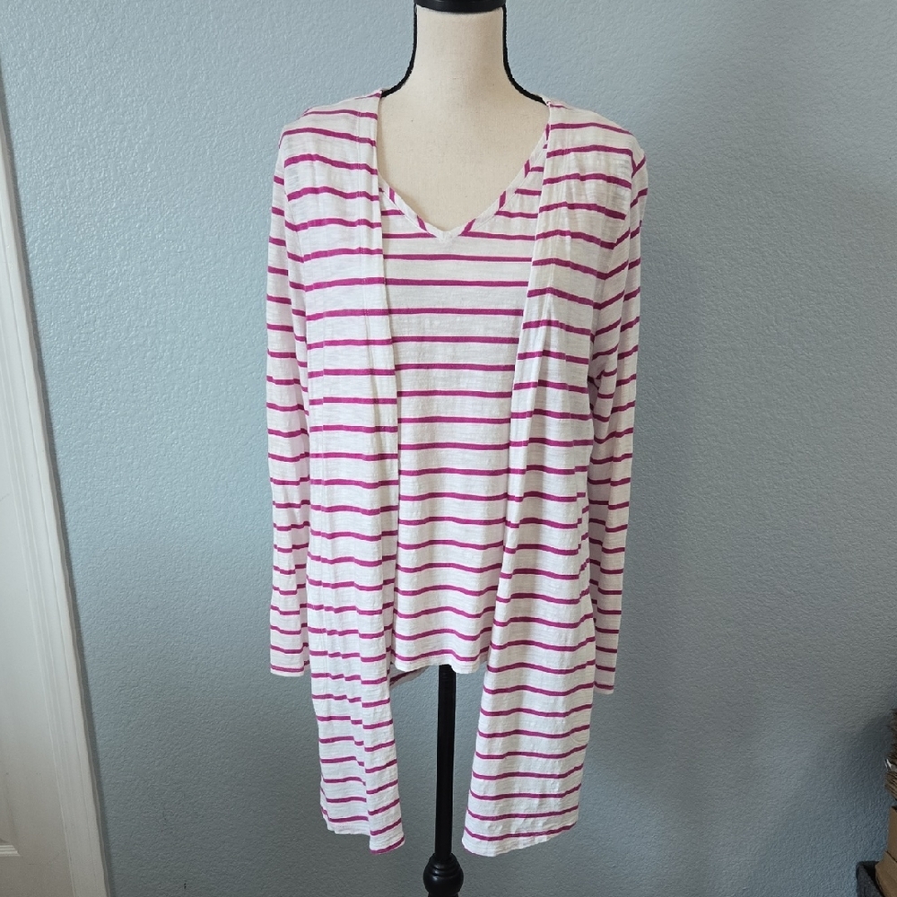 CHICO'S The Ultimate Tee Tank & Cardigan Set White & Pink Striped Sz 2 Large